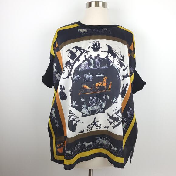 GRACIA Fashion Equestrian Themed Short Sleeve Boxy Cut Satin Top Blouse Small - Picture 1 of 11